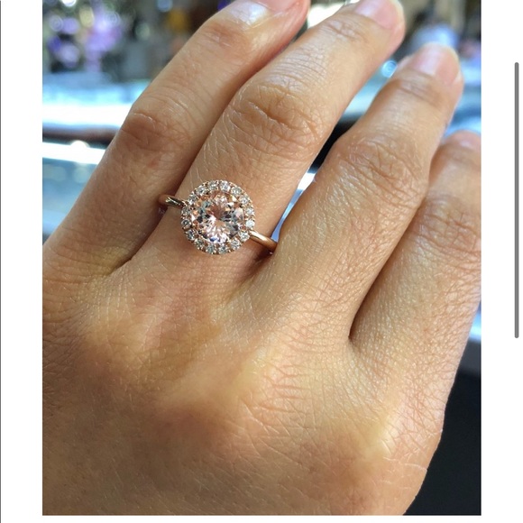 Round diamond halo morganite ring 7mm.
